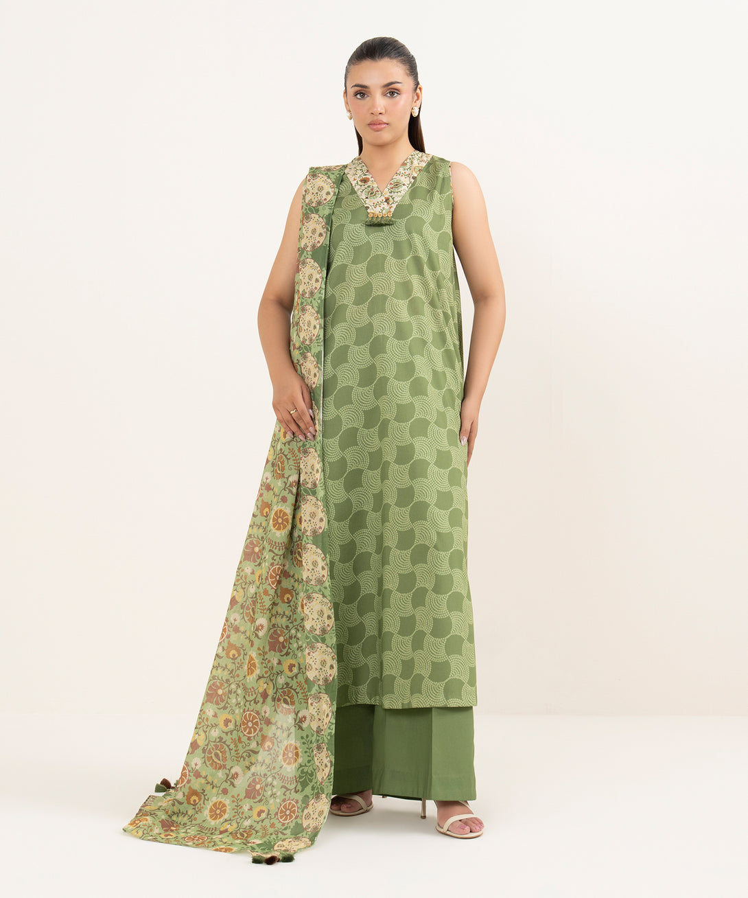 Women's Unstitched Lawn Printed Green 3 Piece Suit