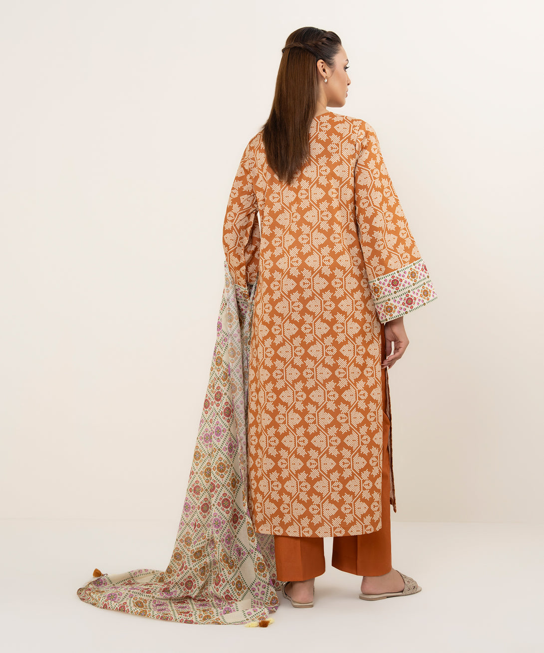 Women's Unstitched Lawn Printed Rust 3 Piece Suit