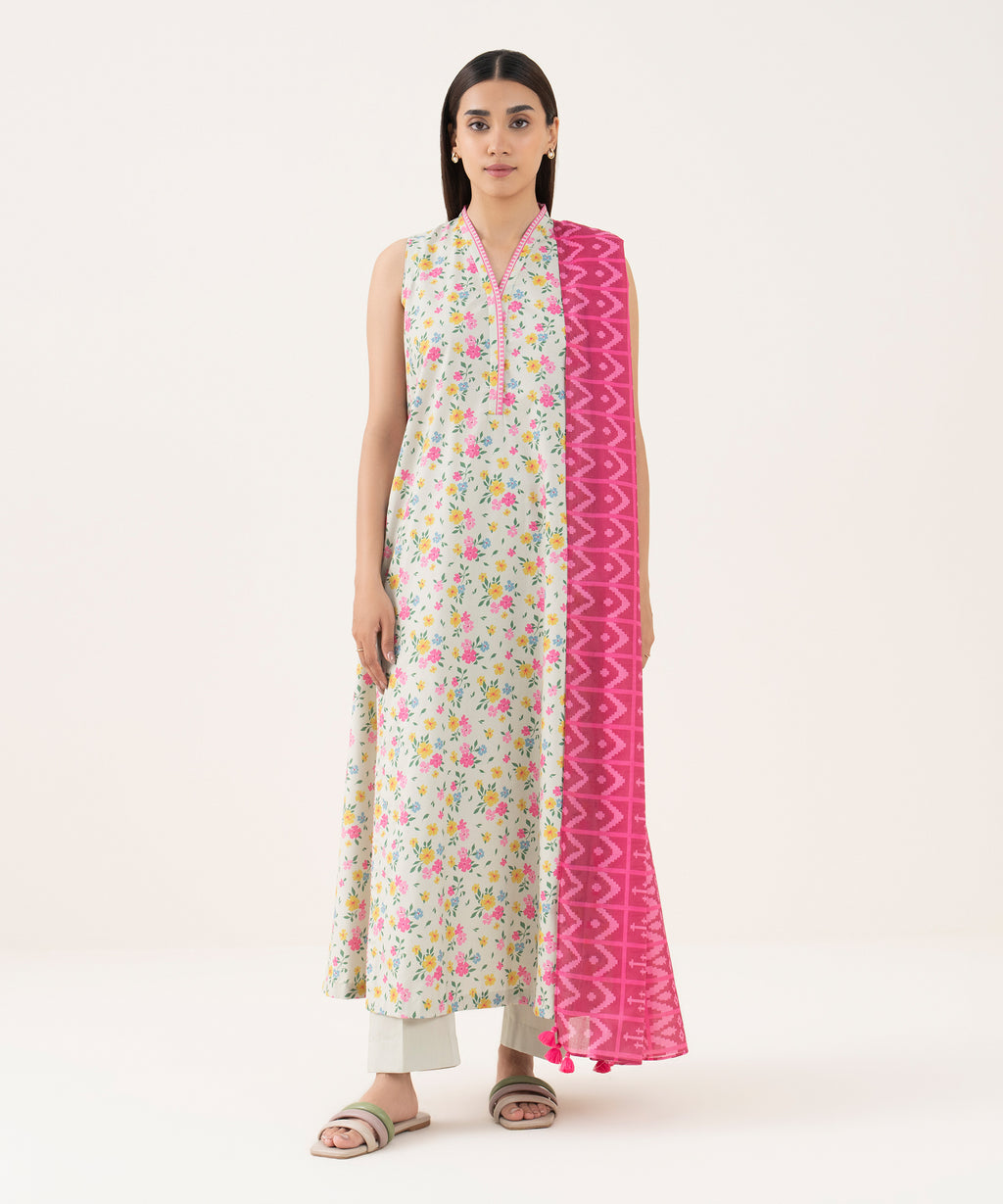 Women's Unstitched Cotton Printed Multi 3 Piece Suit