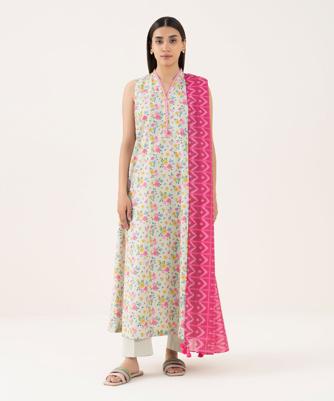 Women's Unstitched Cotton Printed Multi 3 Piece Suit
