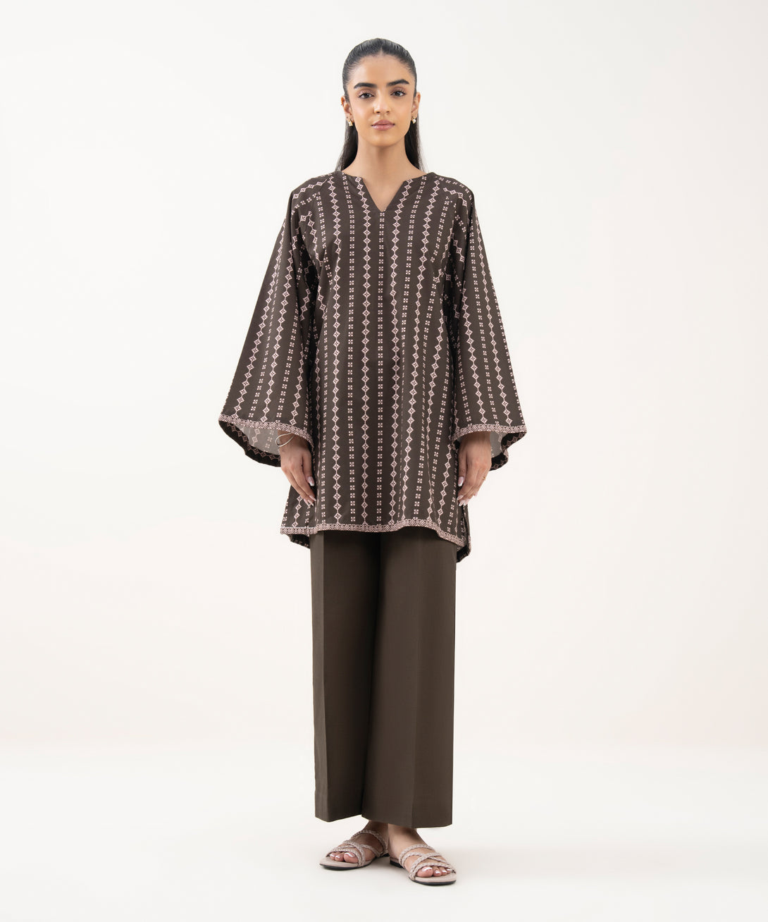Women's Unstitched Cotton Printed Brown 2 Piece Suit