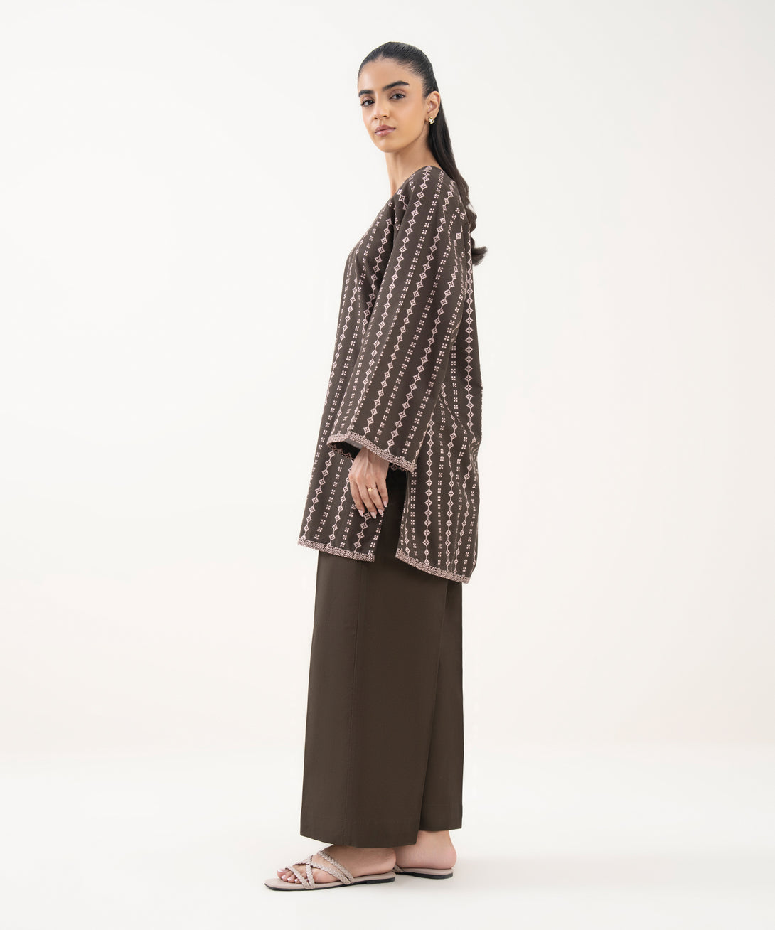 Women's Unstitched Cotton Printed Brown 2 Piece Suit