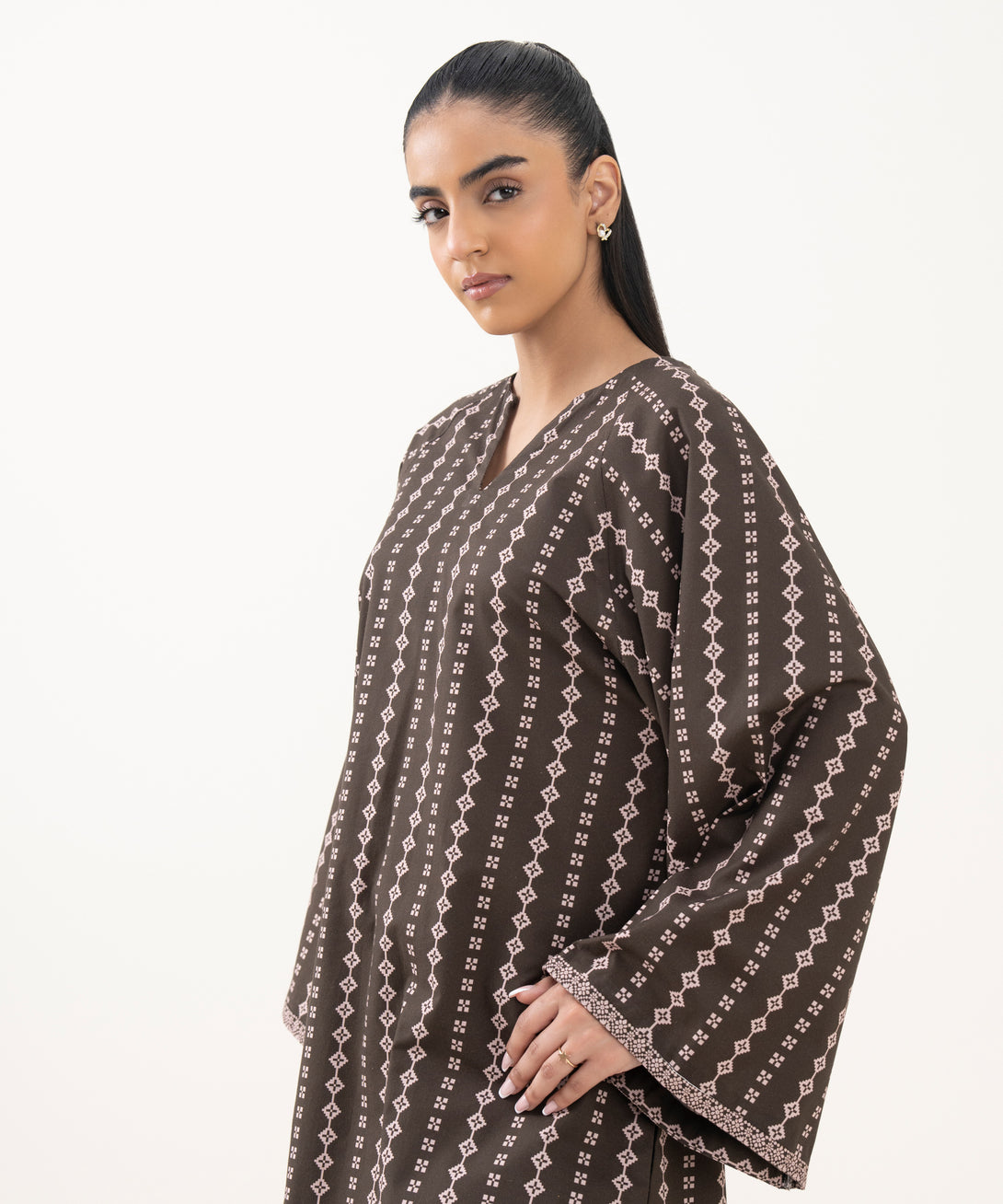 Women's Unstitched Cotton Printed Brown 2 Piece Suit