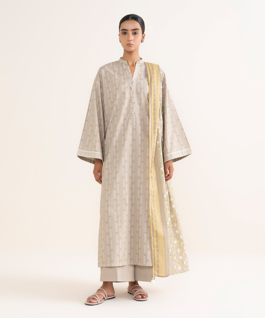 Women's Unstitched Cotton Printed Grey 3 Piece Suit