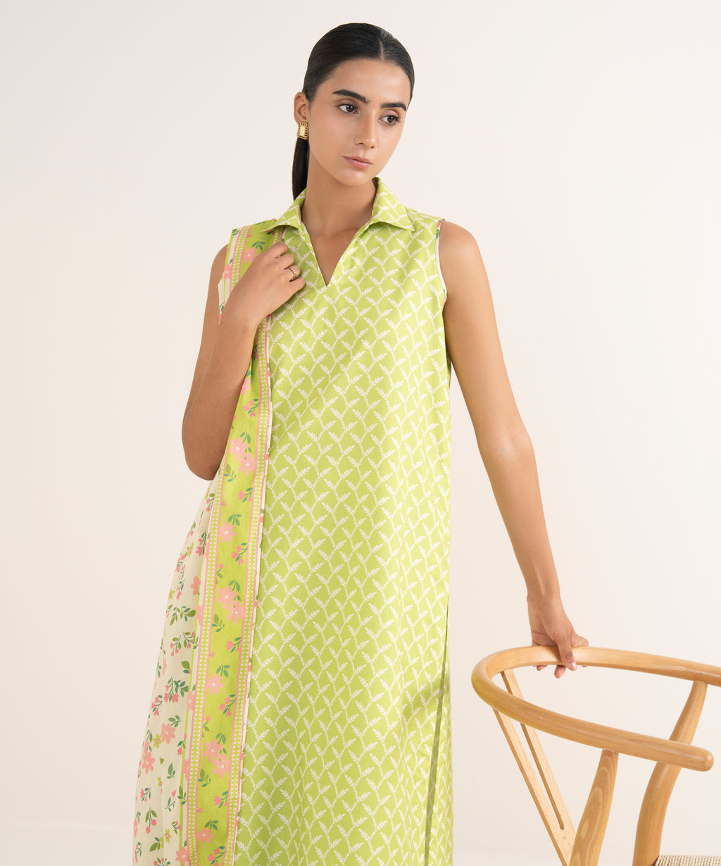 Women's Unstitched Cotton Printed Green 3 Piece Suit