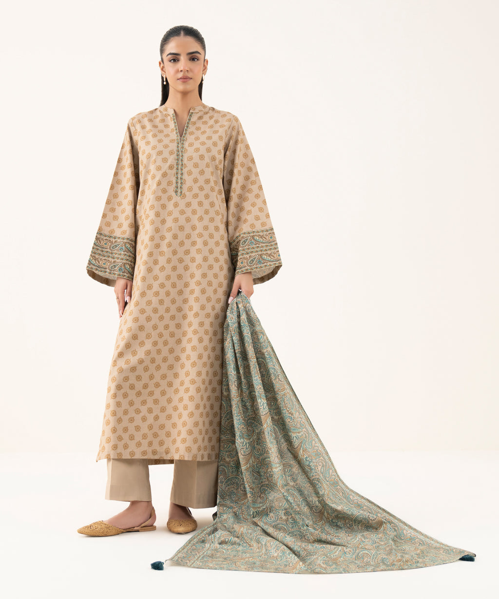 Women's Unstitched Cotton Printed Beige  Three Piece Suit
