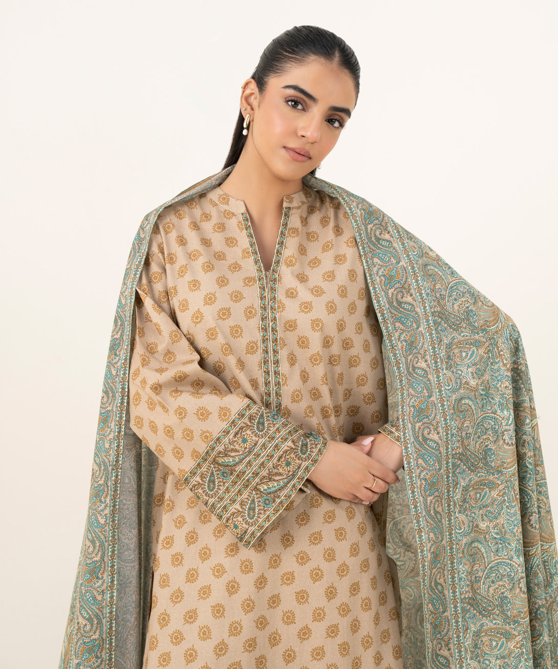 Women's Unstitched Cotton Printed Beige  Three Piece Suit