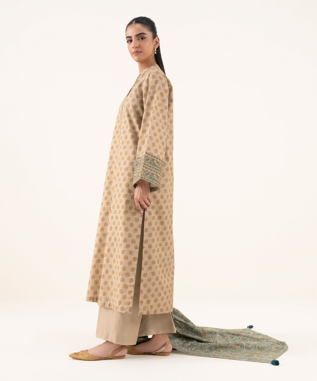 Women's Unstitched Cotton Printed Beige  Three Piece Suit