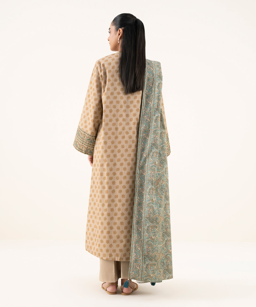 Women's Unstitched Cotton Printed Beige  Three Piece Suit