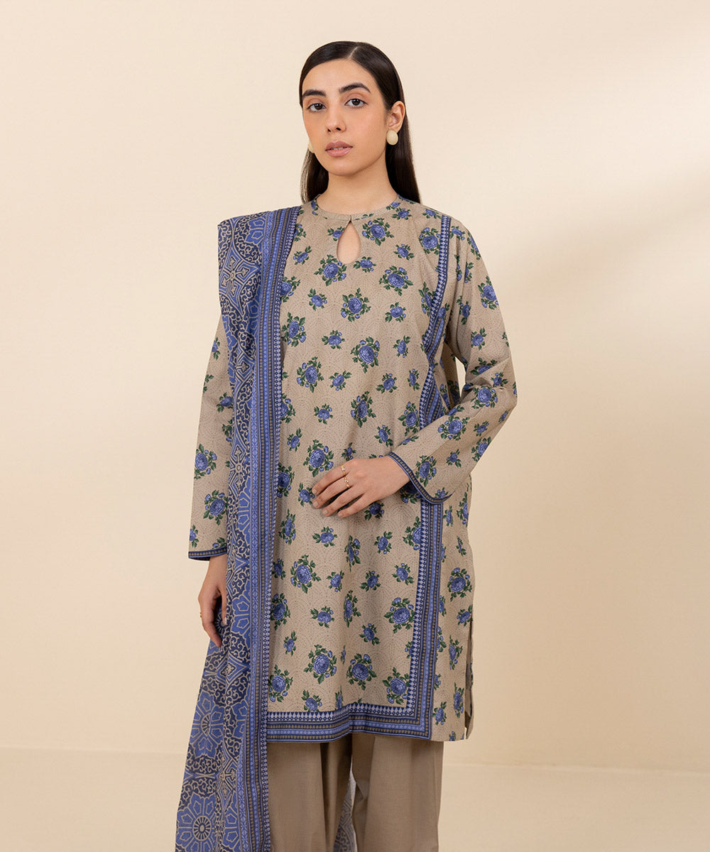 Women's Unstitched Lawn Beige Printed 3 Piece Suit