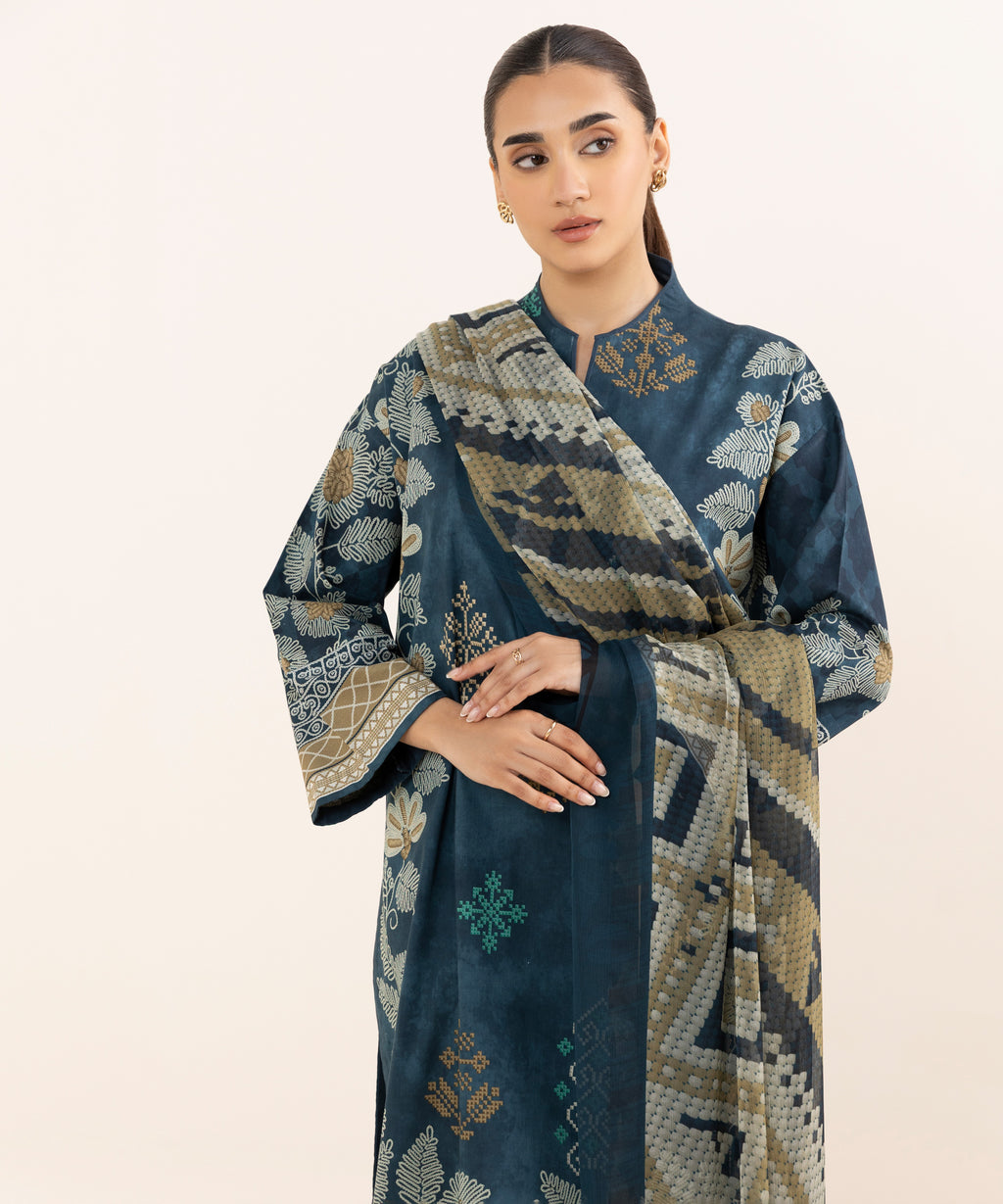 Women's Unstitched Lawn Printed Blue 3 Piece Suit
