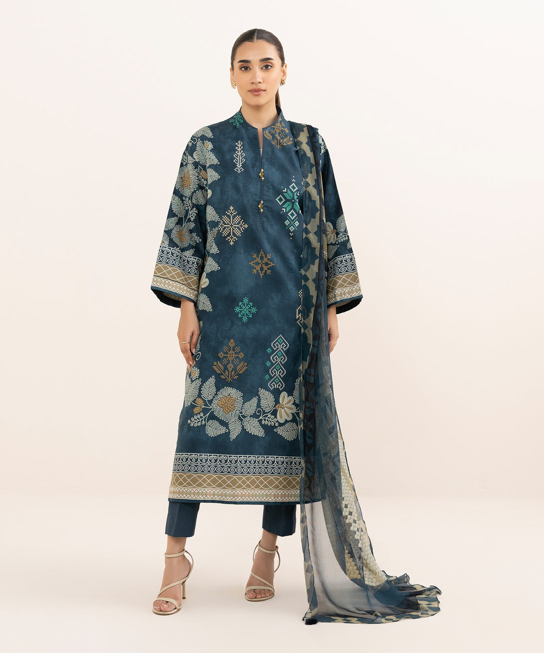 Women's Unstitched Lawn Printed Blue 3 Piece Suit