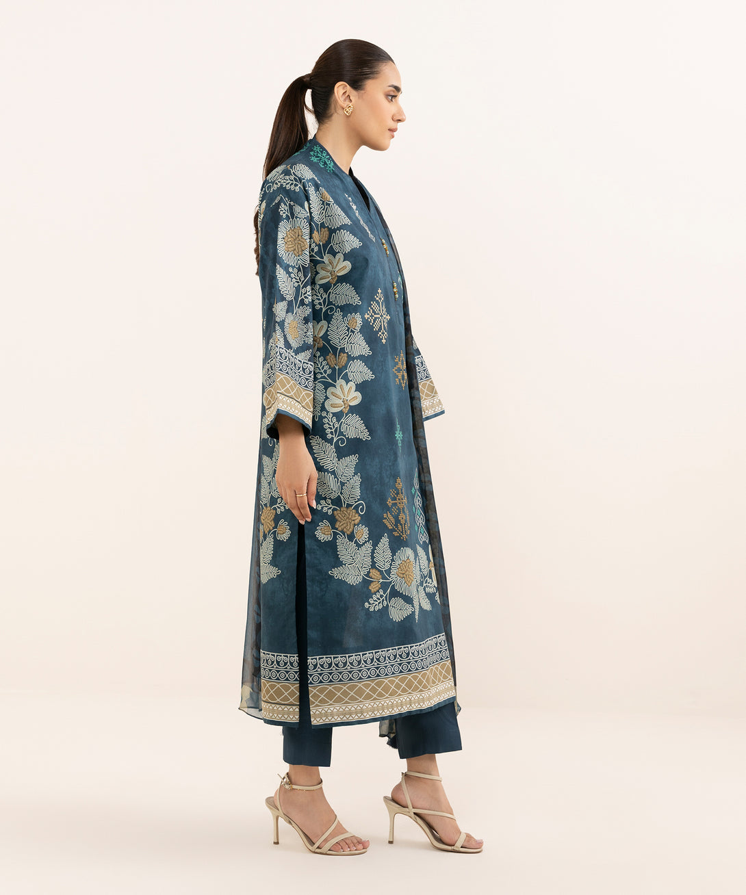 Women's Unstitched Lawn Printed Blue 3 Piece Suit