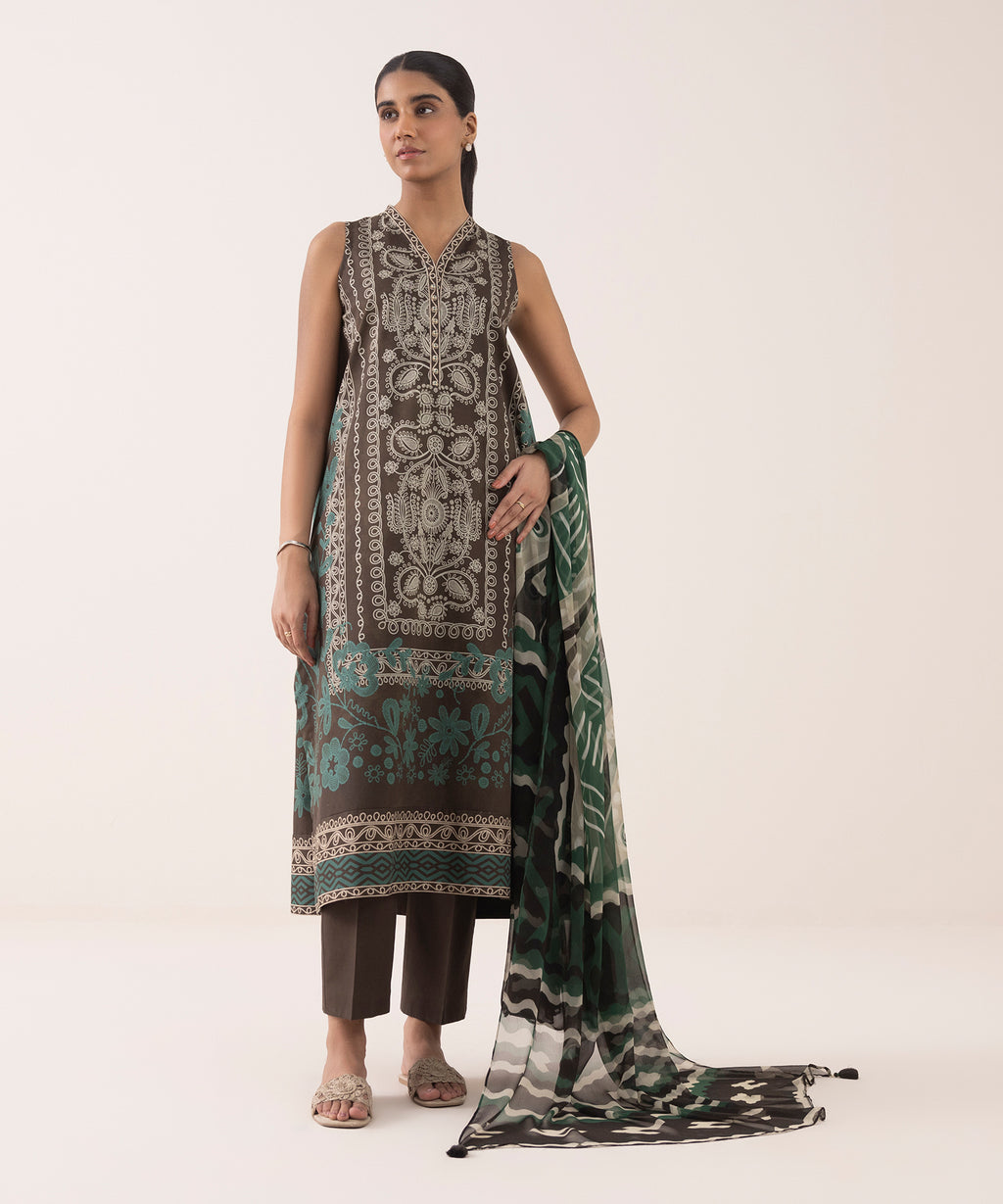 Women's Unstitched Lawn Printed Brown 3 Piece Suit