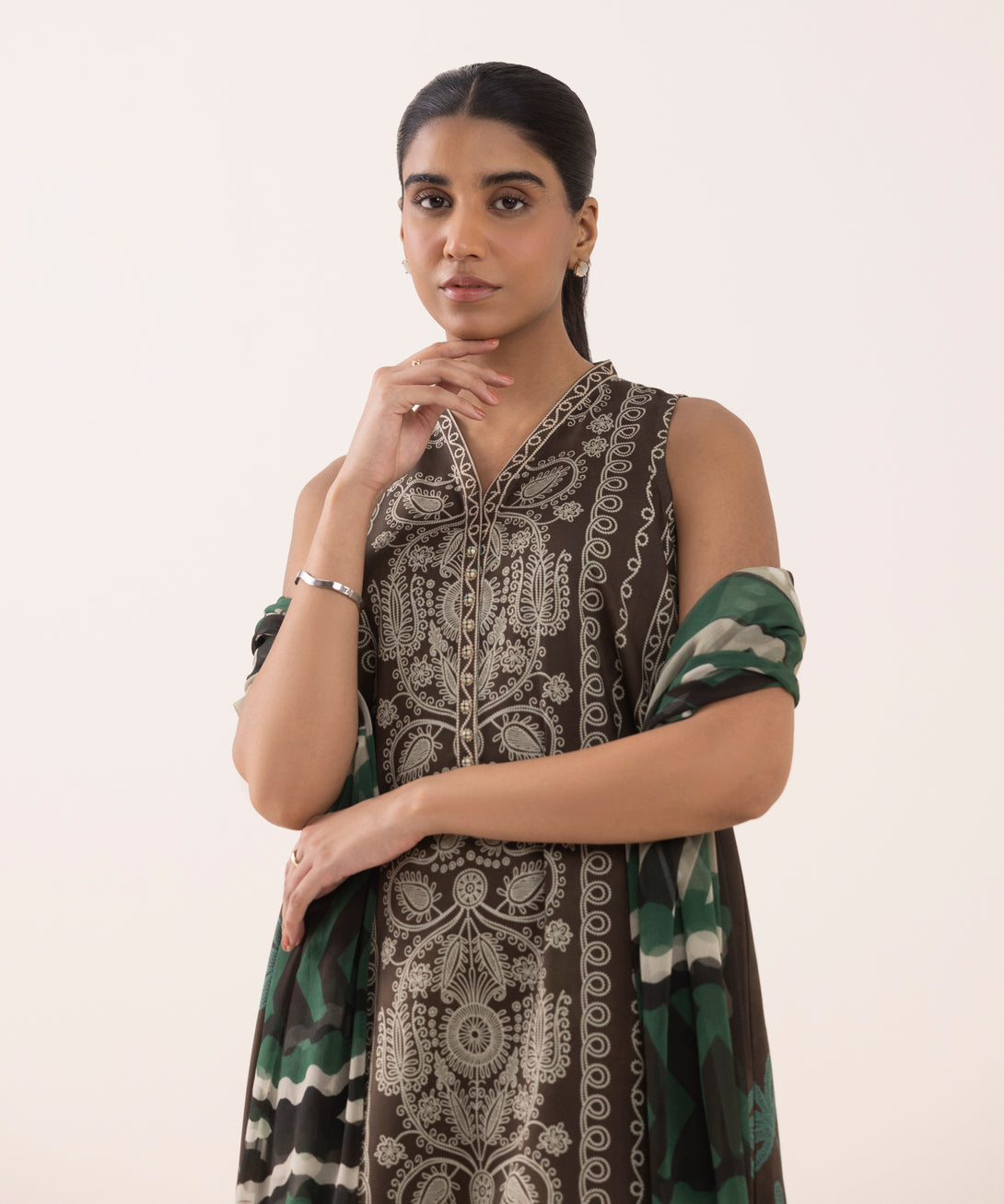Women's Unstitched Lawn Printed Brown 3 Piece Suit
