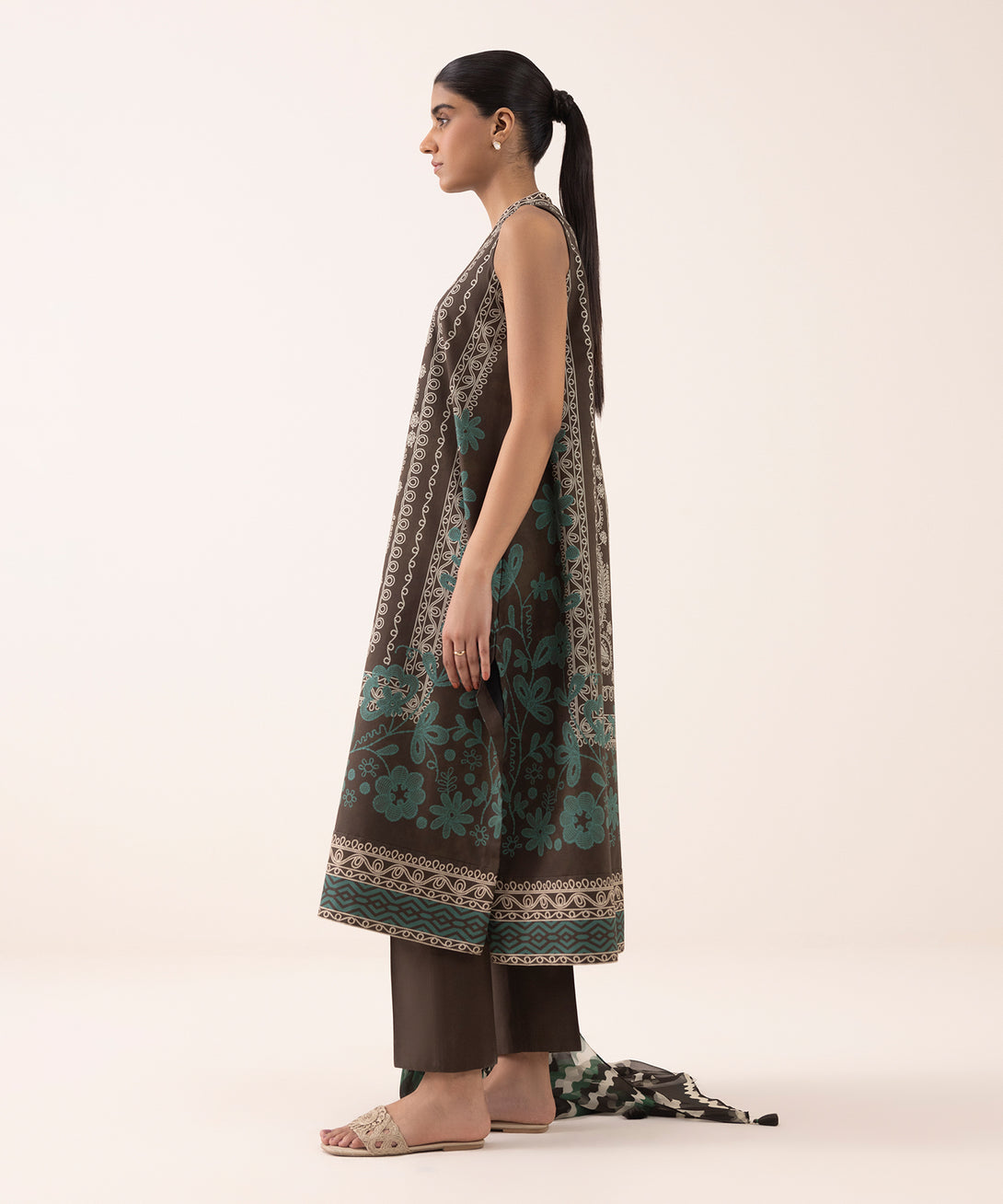 Women's Unstitched Lawn Printed Brown 3 Piece Suit