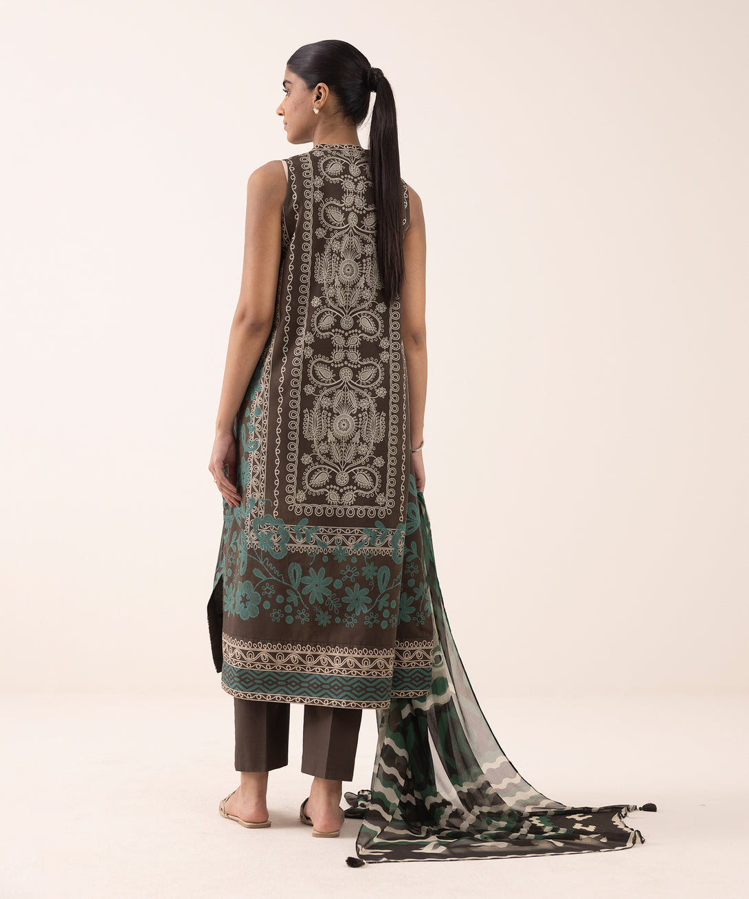 Women's Unstitched Lawn Printed Brown 3 Piece Suit