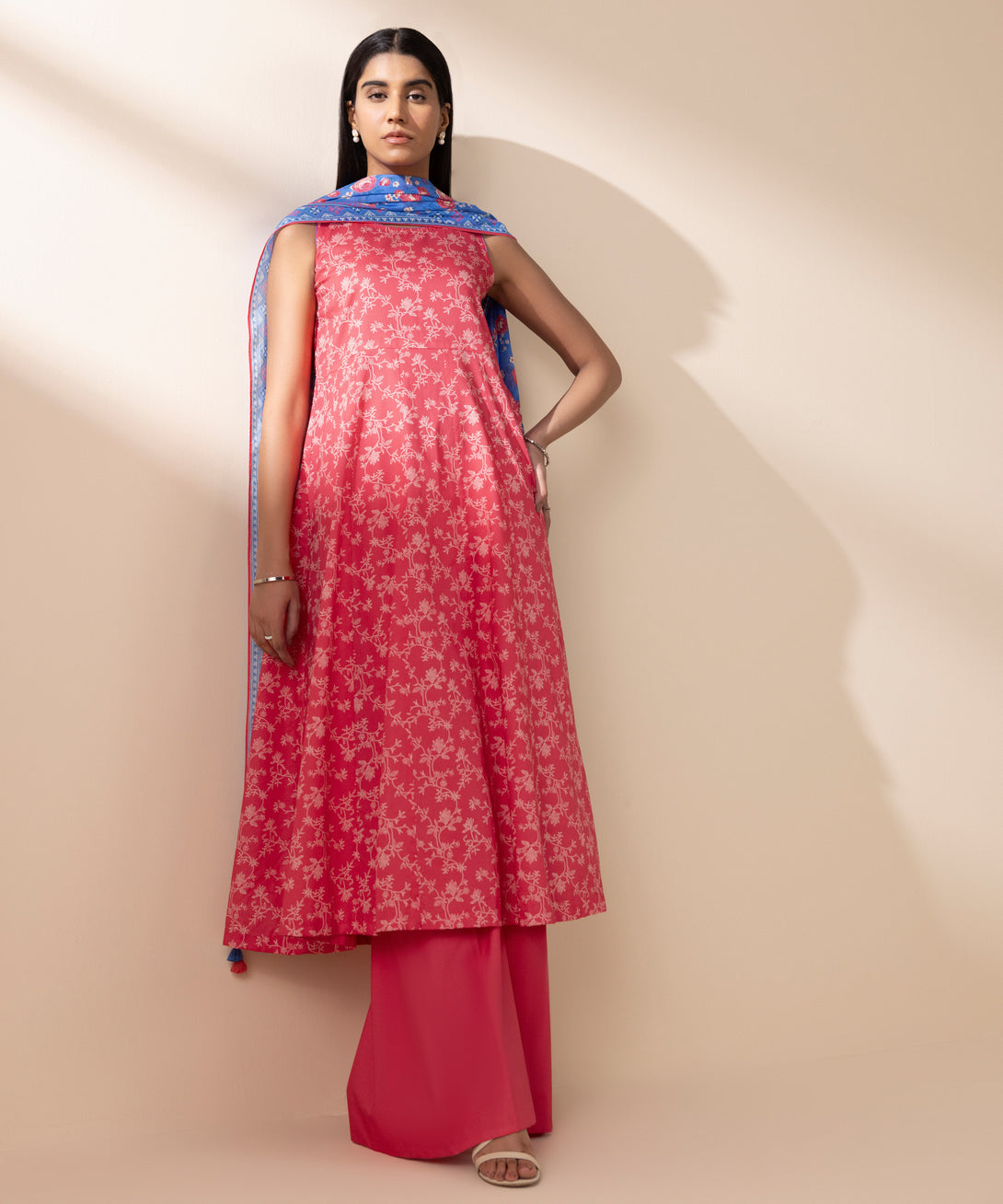 Women's Unstitched Lawn Printed Red 3 Piece Suit