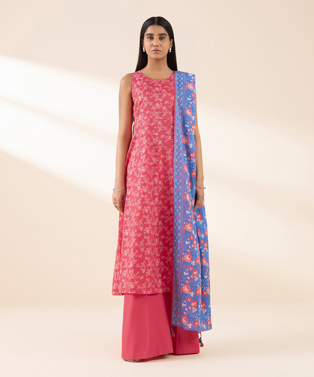 Women's Unstitched Lawn Printed Red 3 Piece Suit