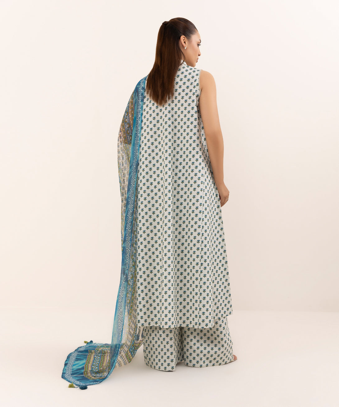 Women's Unstitched Cotton Printed Off White Three Piece Suit