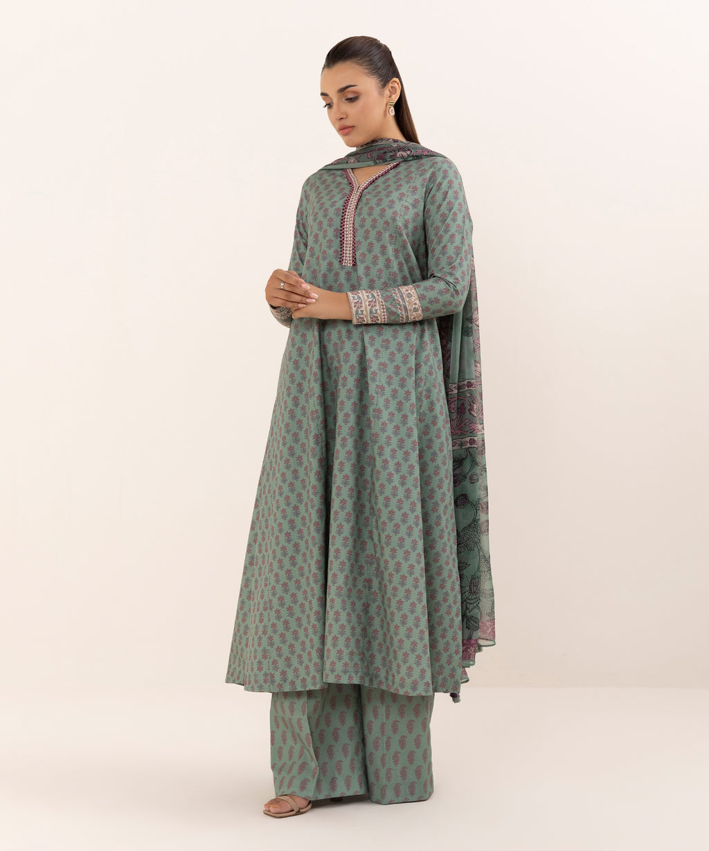 Women's Unstitched Cotton Printed Green Three Piece Suit
