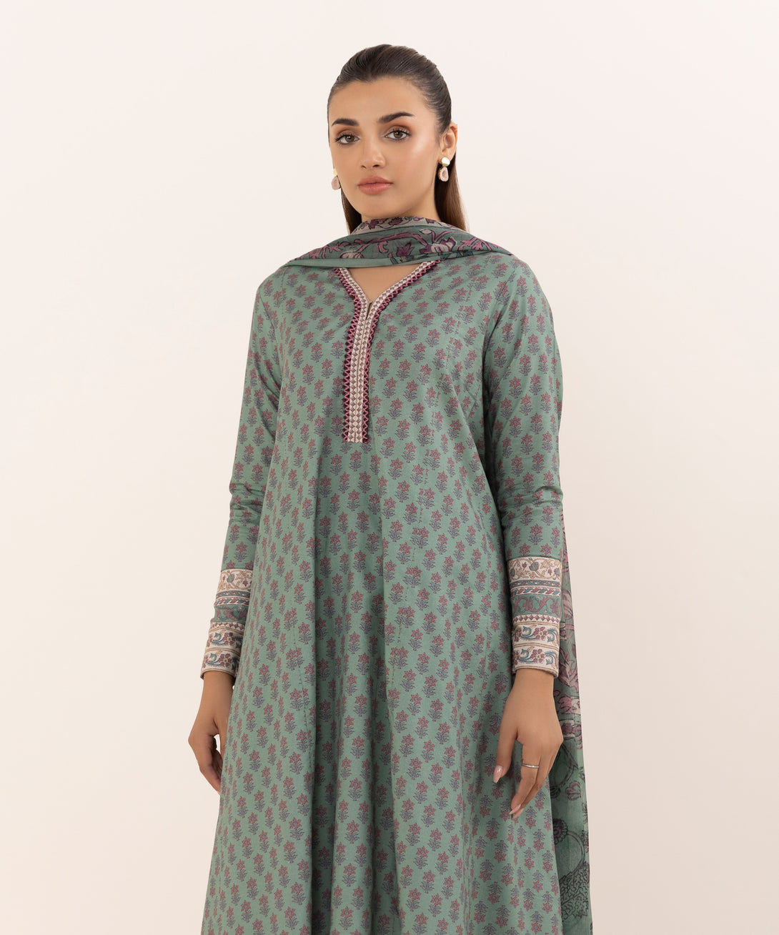 Women's Unstitched Cotton Printed Green Three Piece Suit