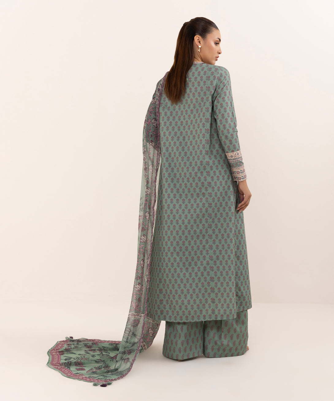 Women's Unstitched Cotton Printed Green Three Piece Suit