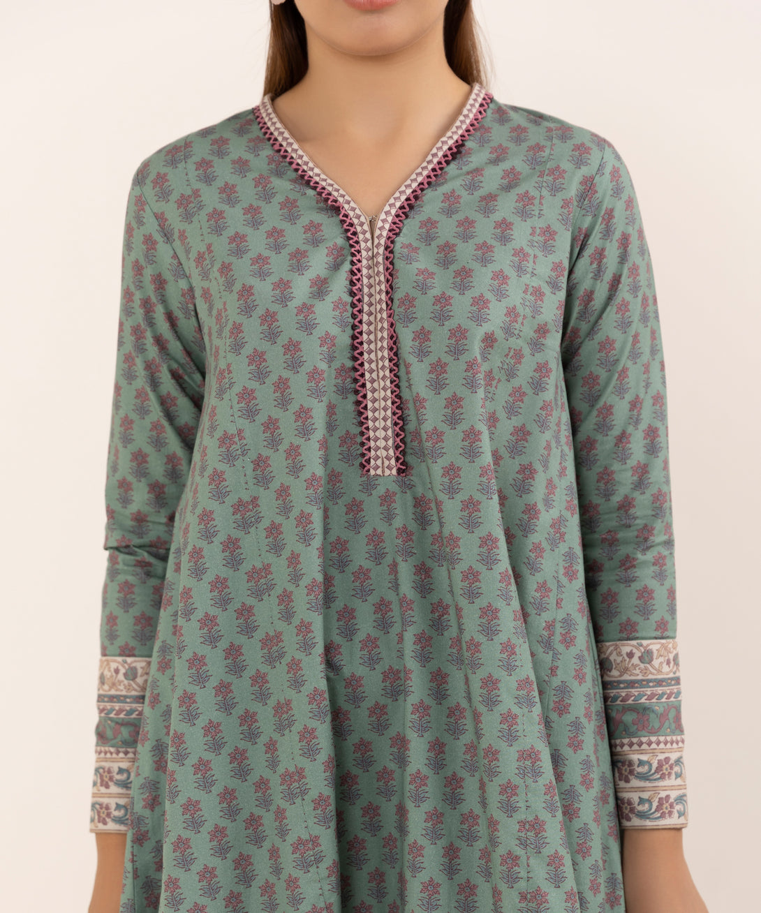 Women's Unstitched Cotton Printed Green Three Piece Suit