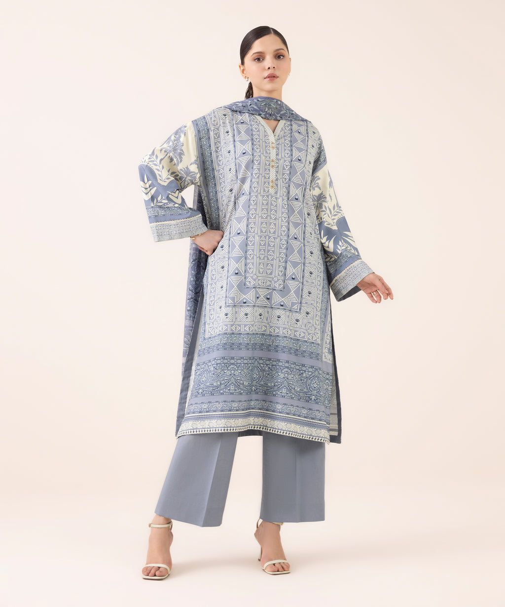 Women's Unstitched Lawn Printed Grey Three Piece Suit