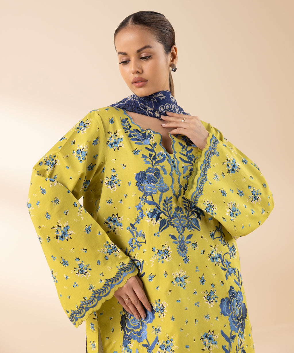 Women's Unstitched Lawn Embroidered Yellow 3 Piece Suit