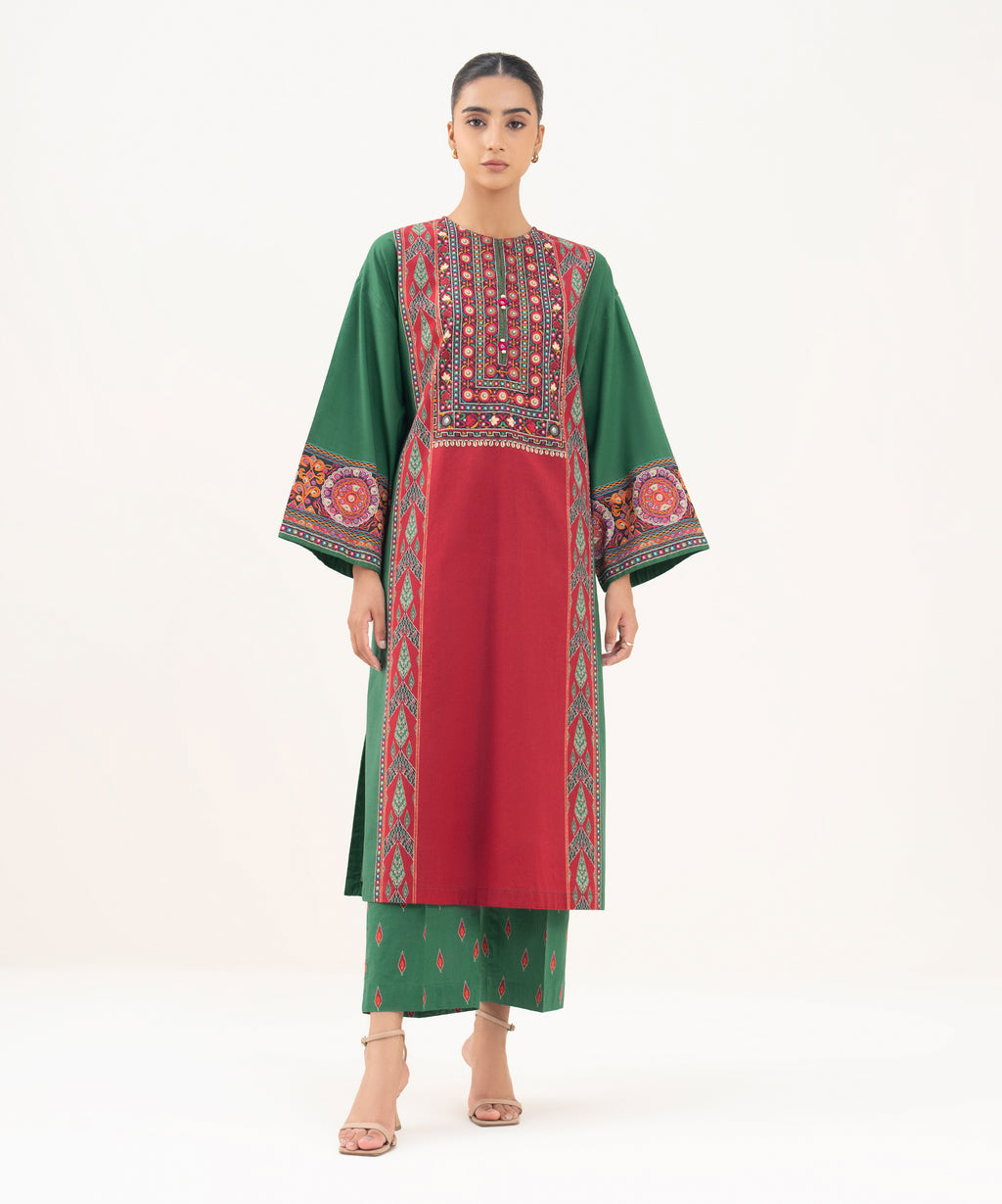 Women's RTW Cambric Green Printed A-Line Shirt