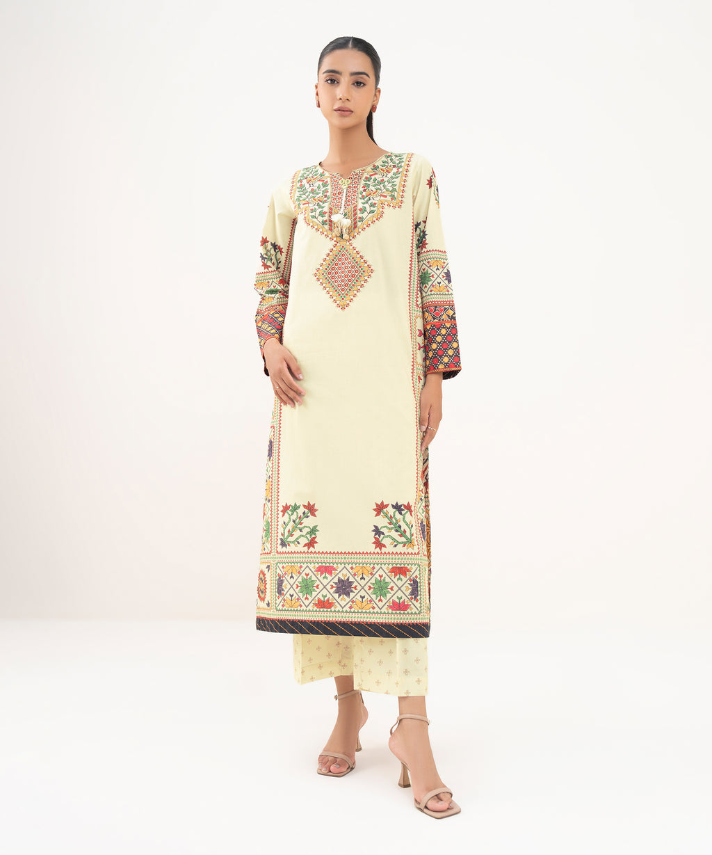 Women's RTW Cambric Beige Printed A-Line Shirt