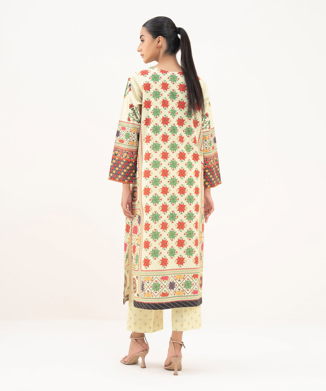 Women's RTW Cambric Beige Printed A-Line Shirt