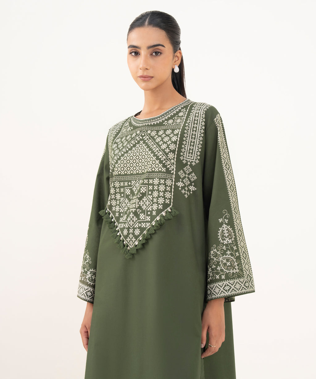 Women's RTW Cambric Green Printed Straight Shirt
