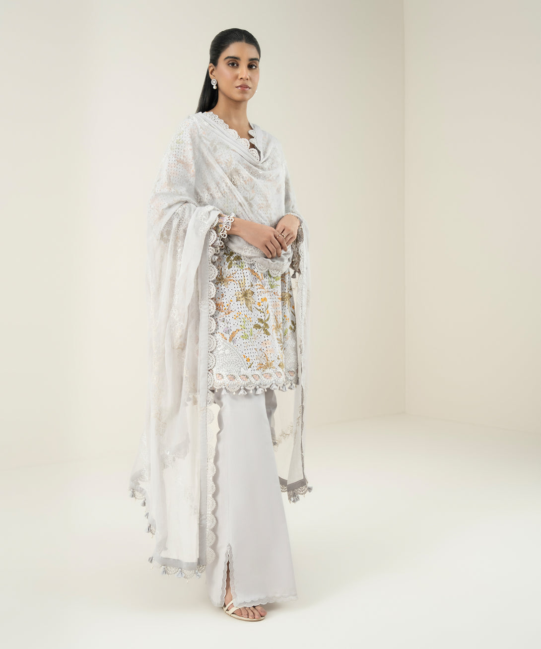 Women's Unstitched Cotton Embroidered Grey 3 Piece Suit