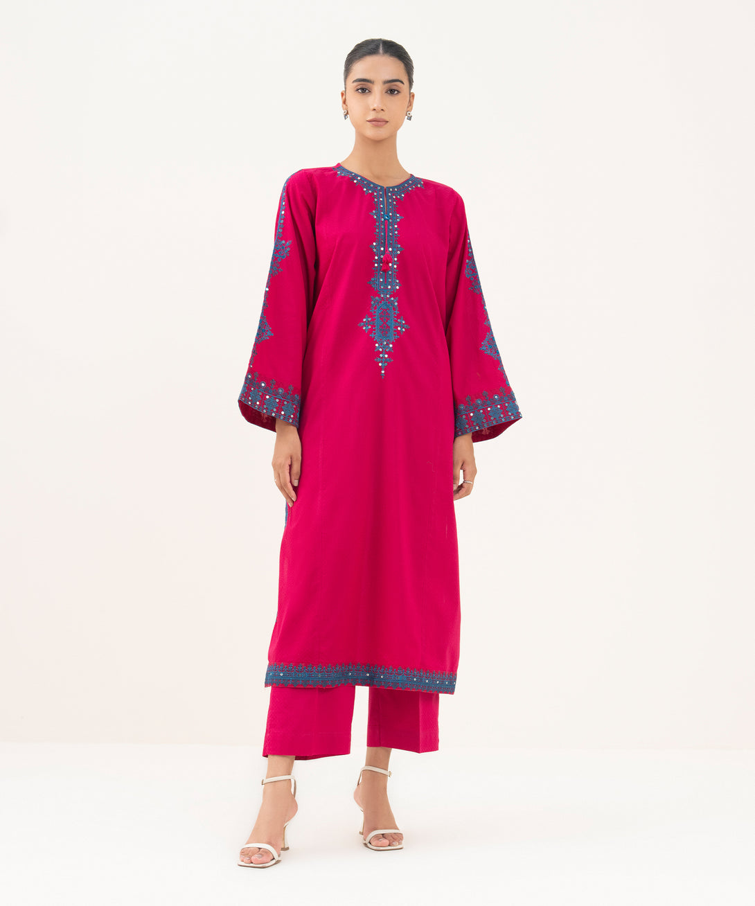 Women's RTW Textured Lawn Pink Embroidered A-Line Shirt