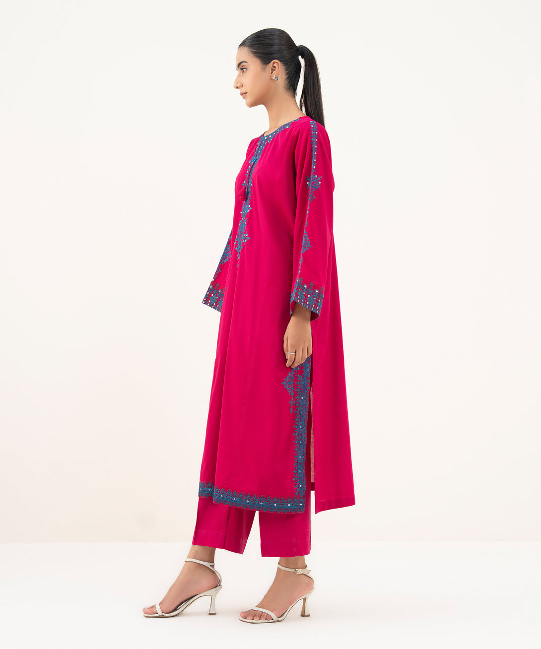 Women's RTW Textured Lawn Pink Embroidered A-Line Shirt