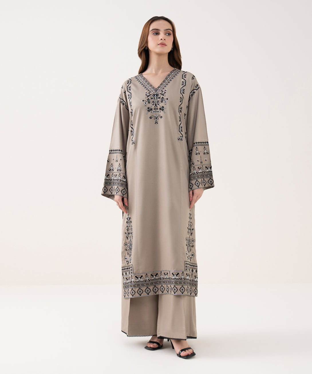 Women's RTW Viscose Marina Embroidered Straight Grey Shirt