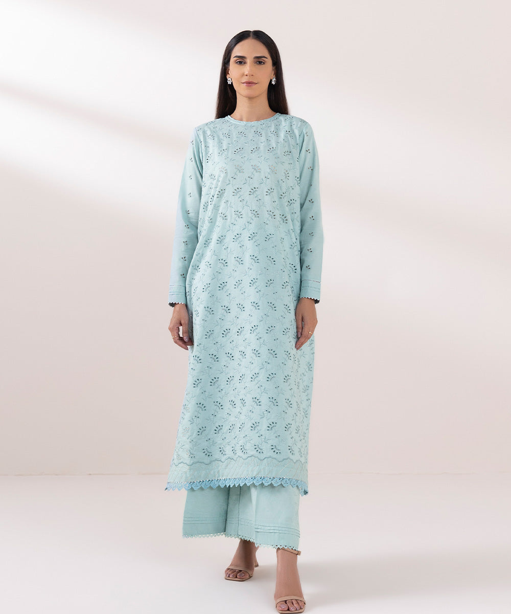 Women's Pret Cotton Jacquard Embroidered Pastel Blue Straight Shirt