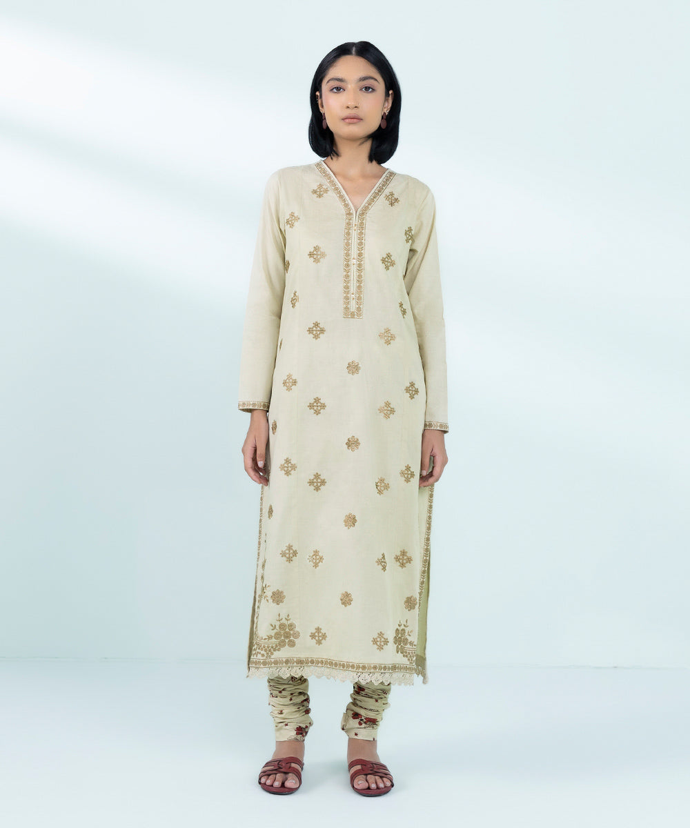 Women's Pret Cotton Jacquard Embroidered Beige A-Line Shirt