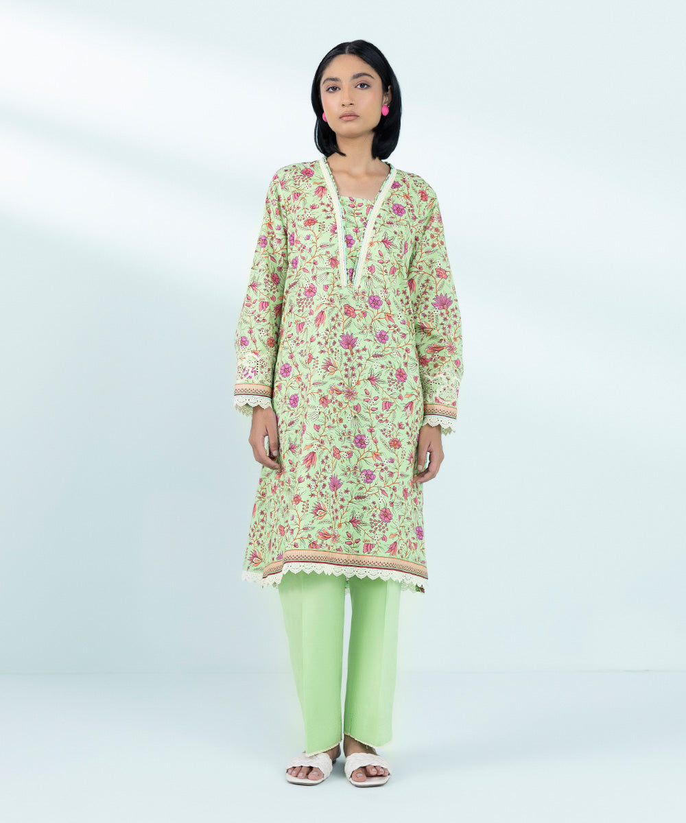 Women's Pret Cambric Embroidered Pistachio Green A-Line Shirt