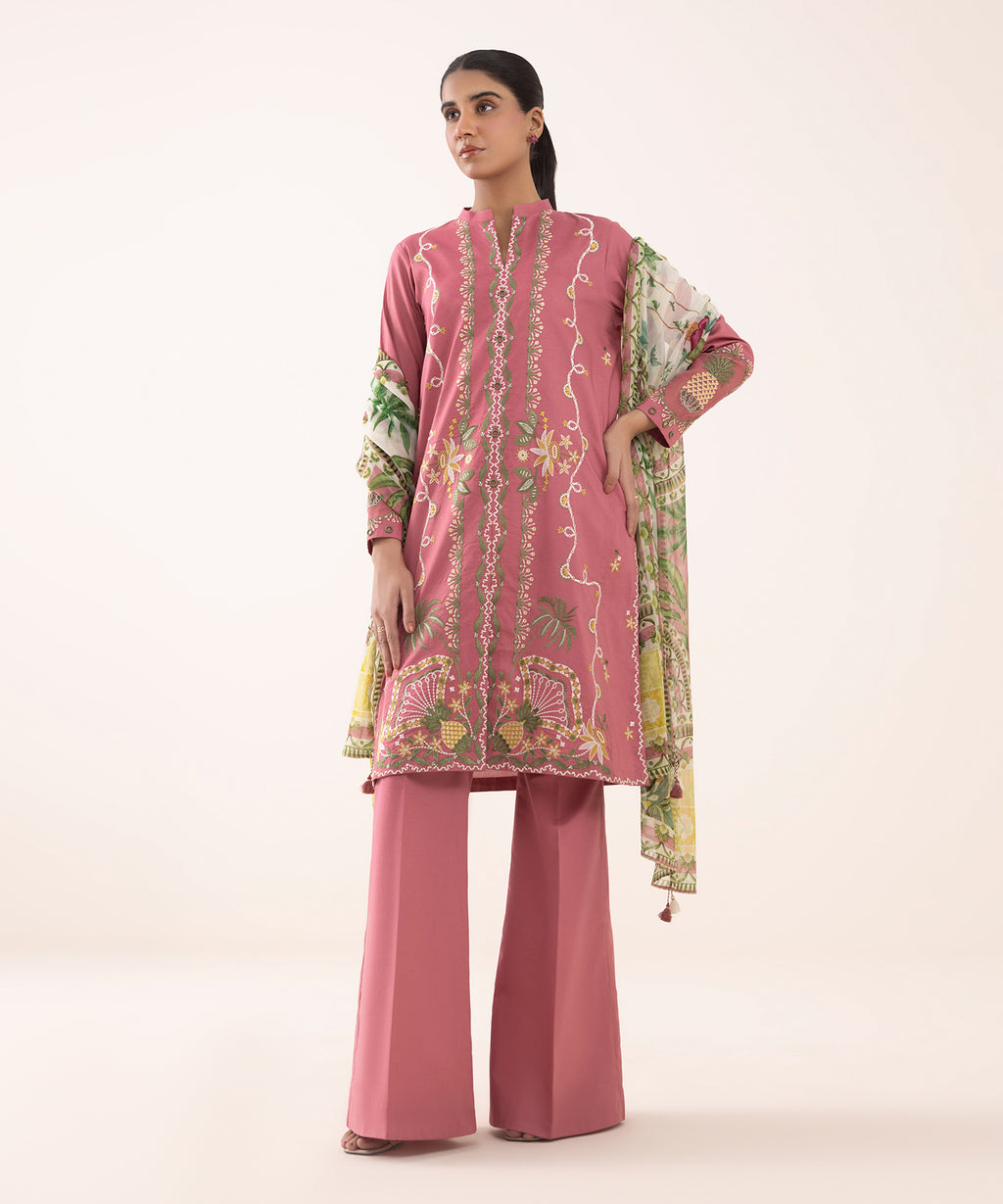 Women's Unstitched Textured Lawn Embroidered Pink 3 Piece Suit