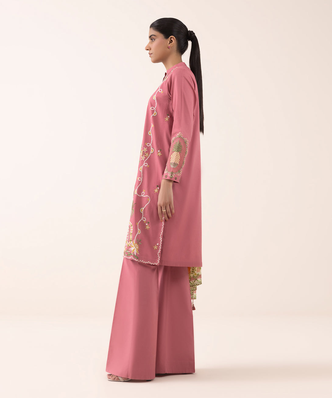 Women's Unstitched Textured Lawn Embroidered Pink 3 Piece Suit