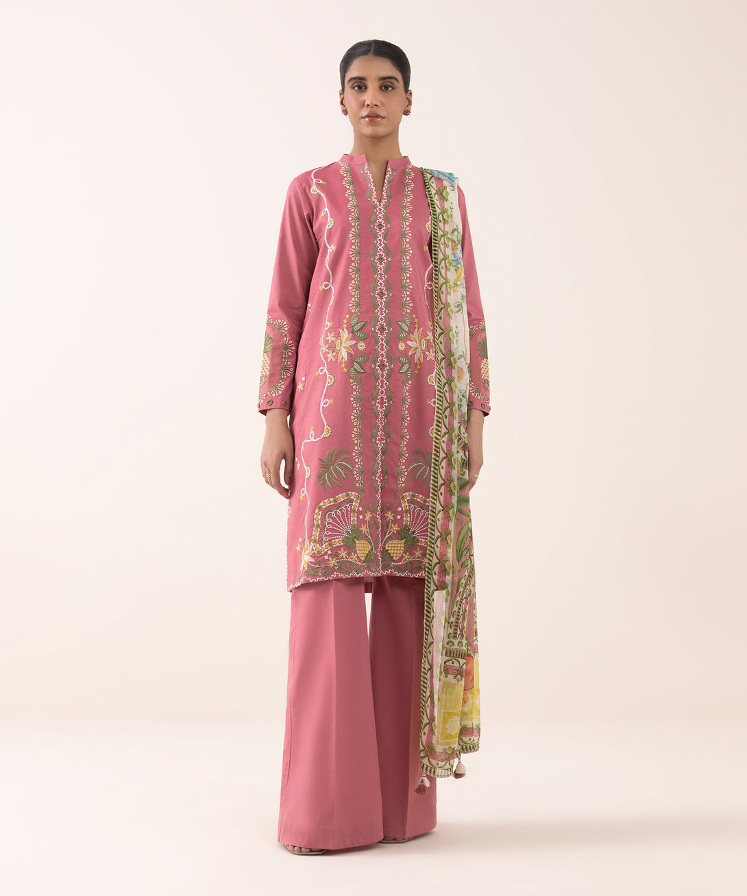 Women's Unstitched Textured Lawn Embroidered Pink 3 Piece Suit
