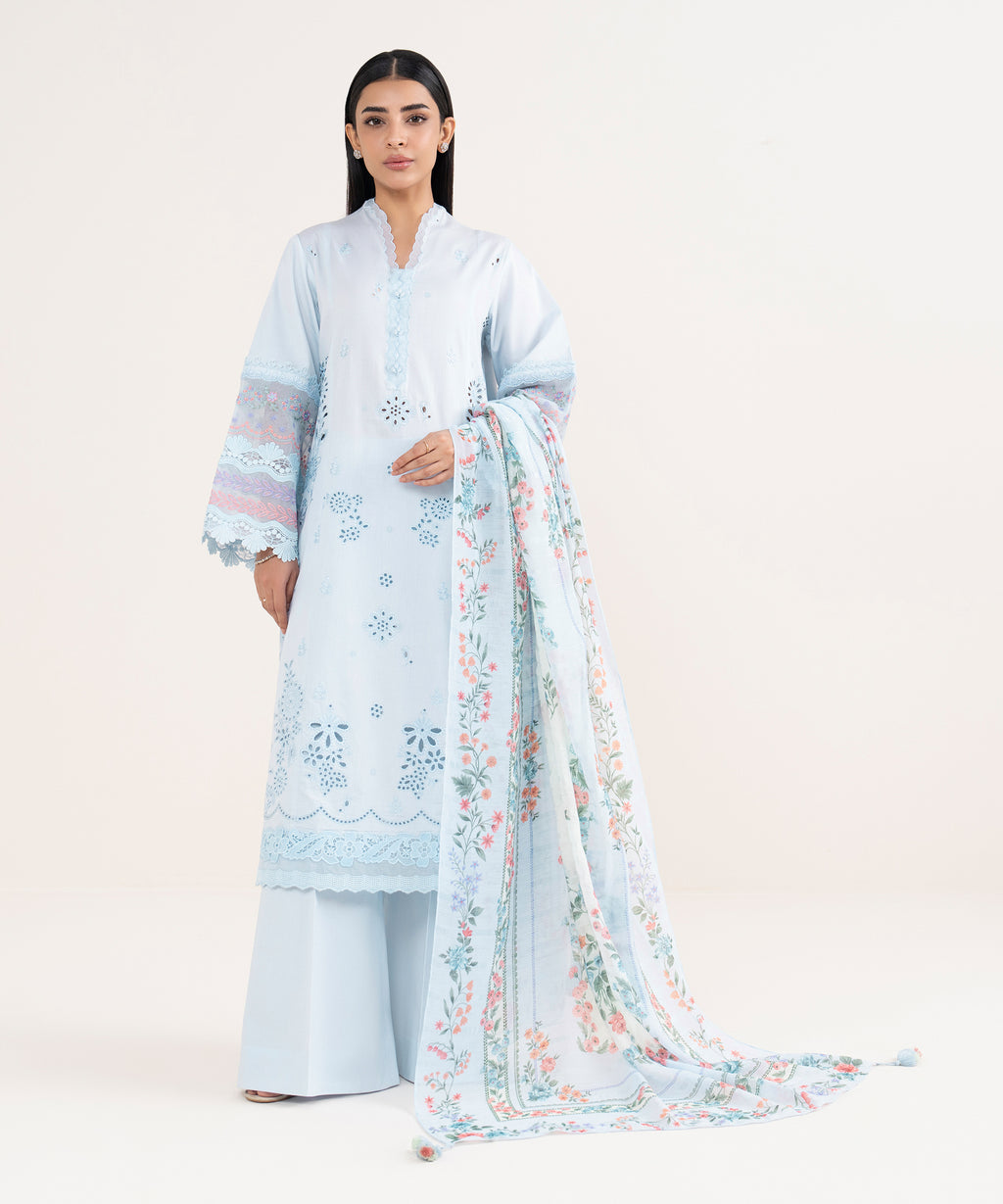 Women's Unstitched Fine Cotton Satin Embroidered Blue 3 Piece Suit