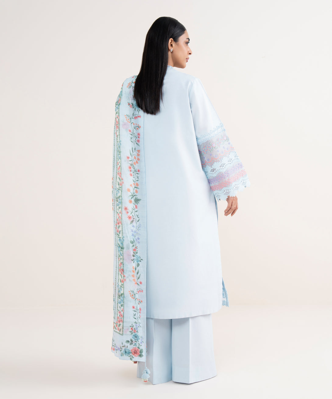 Women's Unstitched Fine Cotton Satin Embroidered Blue 3 Piece Suit