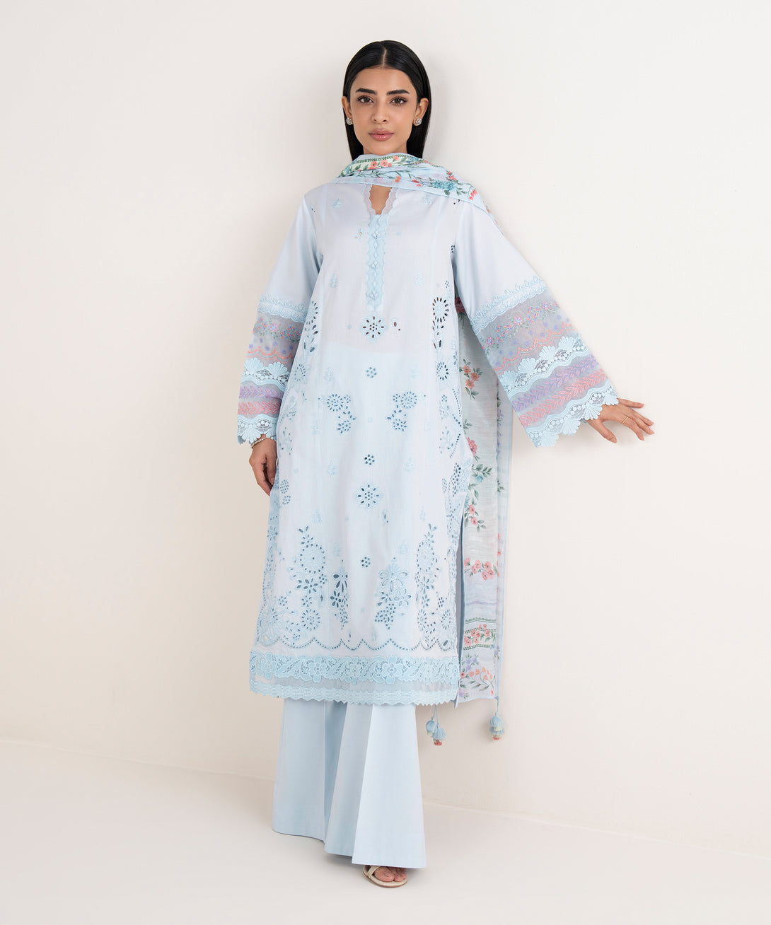 Women's Unstitched Fine Cotton Satin Embroidered Blue 3 Piece Suit