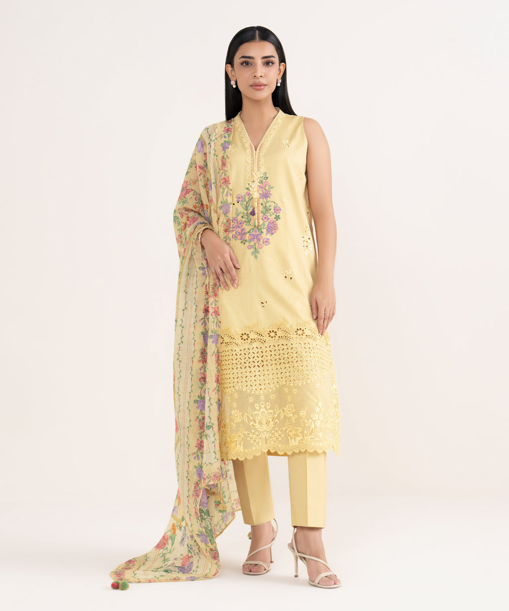 Women's Unstitched Fine Cotton Satin Embroidered Yellow 3 Piece Suit
