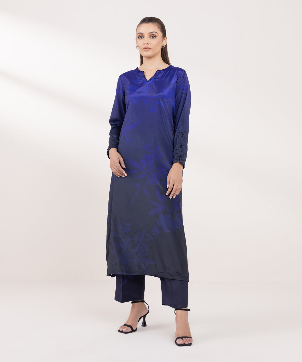 Women's Pret Blended Grip Blue Printed Straight Shirt