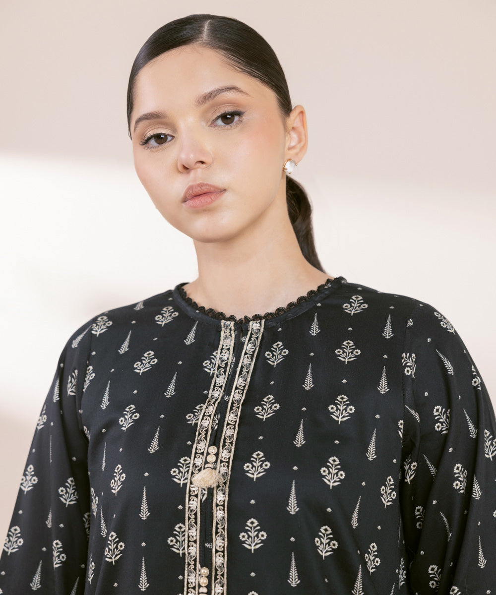 Women's Pret Supreme Satin Black Embroidered Straight Shirt